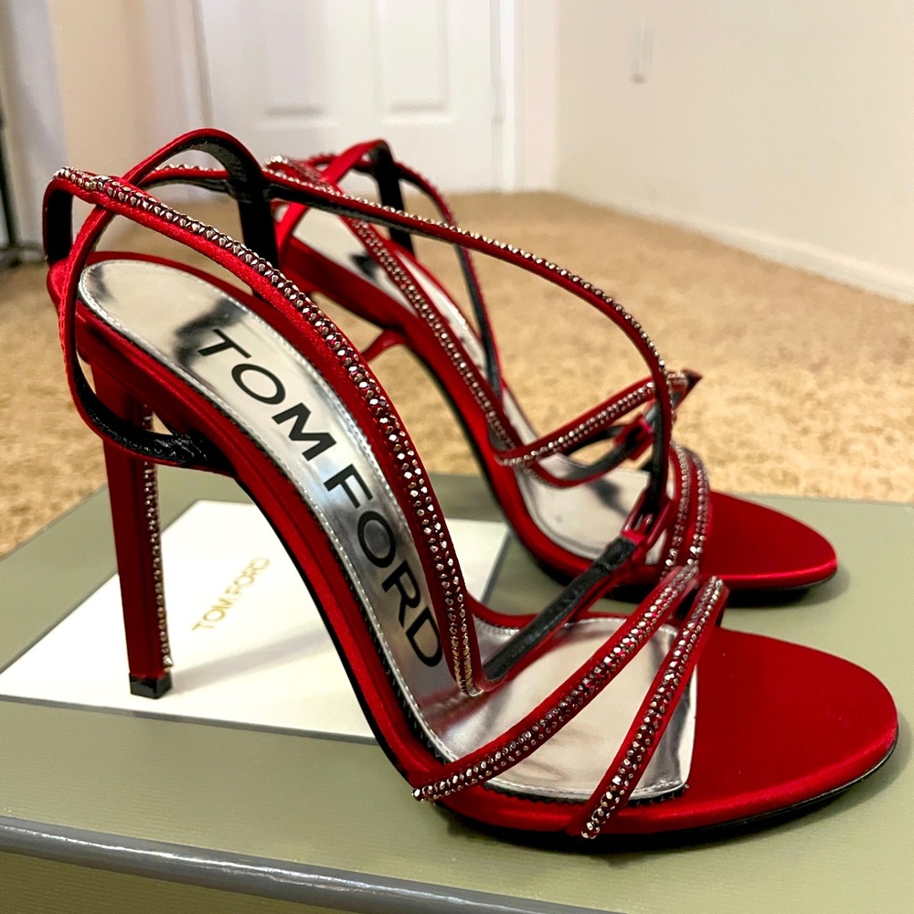 Tom Ford Deep Red Sandals with Glass Crystals